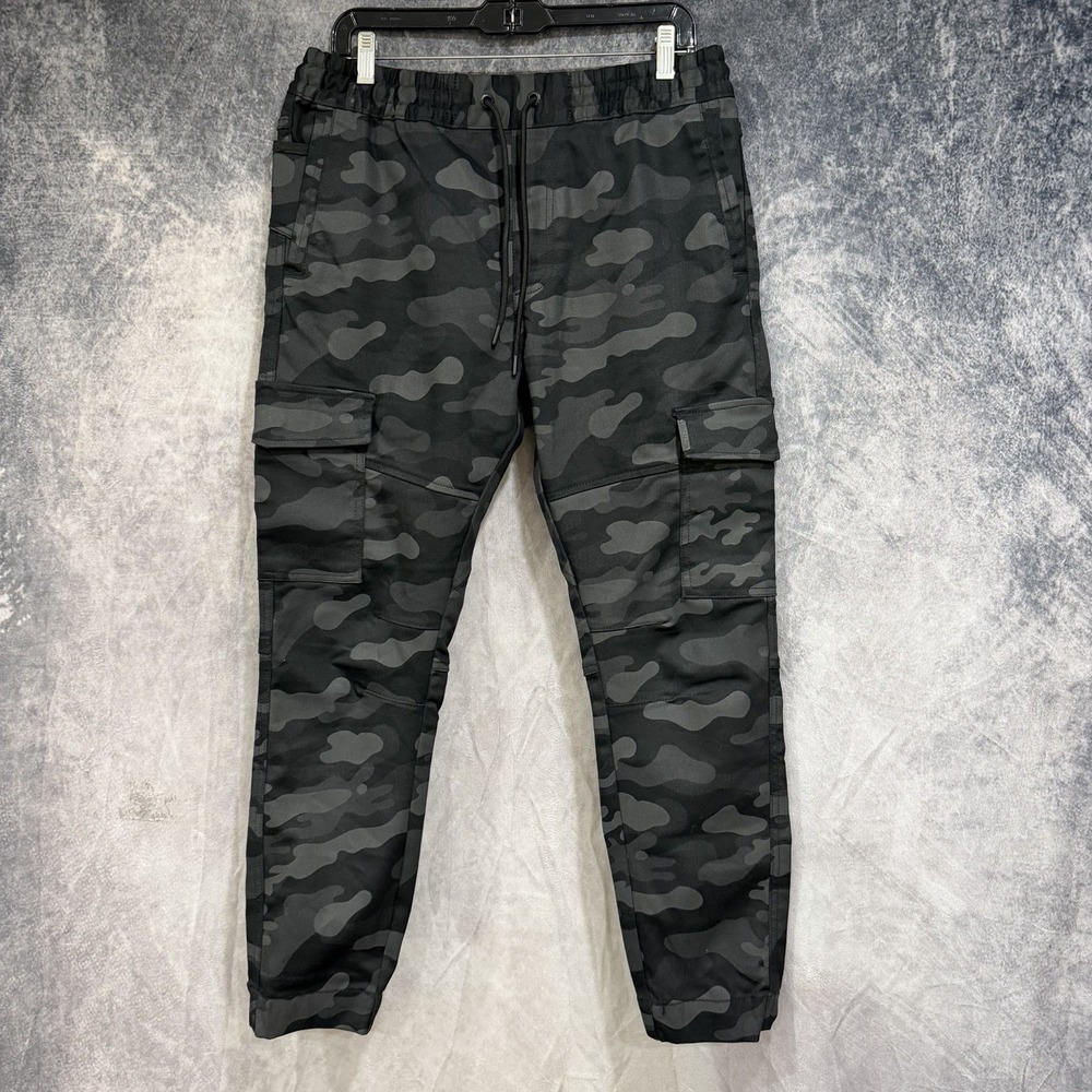 Stone Falcon Men's Slim Black Gray Camo Joggers Drawstring M Ankle Pants